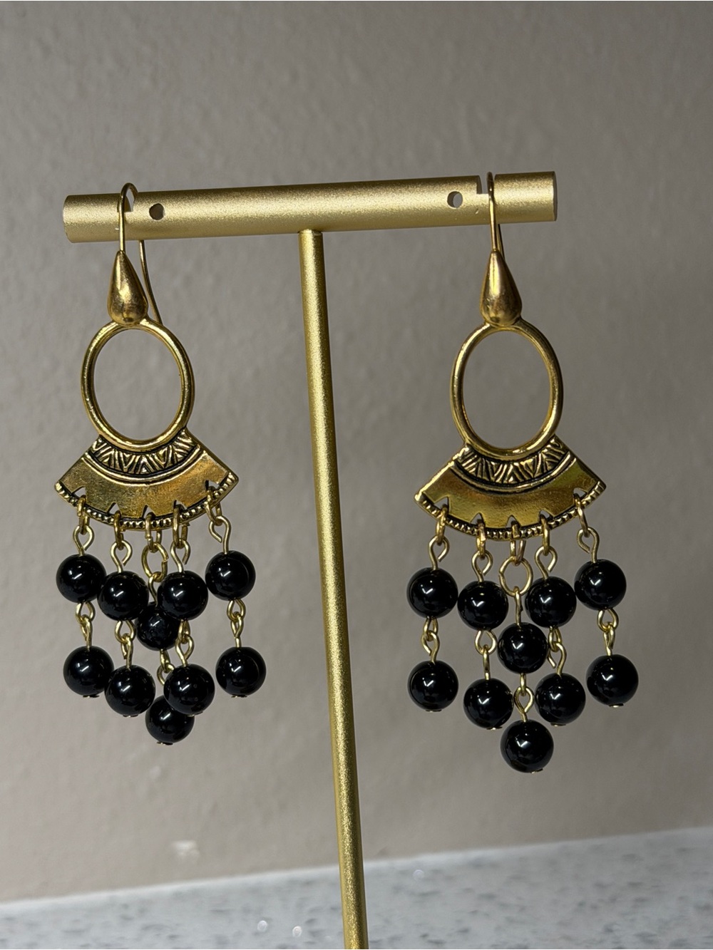 Hand Crafted Gold and Black Beaded Dangle Earrings - Picture 4 of 6